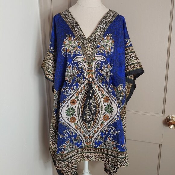 Vintage Dashiki Top African Tunic Blouse Shirt Tie Waist Swim Cover Boho - Picture 7 of 7